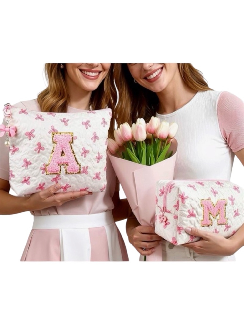 NEW Personalized Pink Bow Quilted Makeup Bag Set with 'A' Patch - Picture 2 of 3
